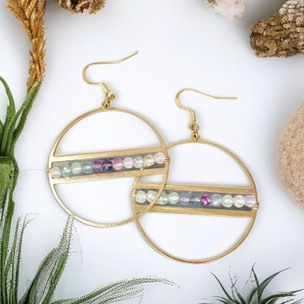 Rainbow Fluorite Gemstone Hoop Earrings